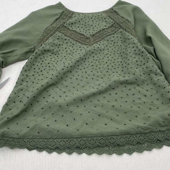 LUCKY BRAND I Top Blouse Eyelet Olive Green Medium - Picture 12 of 16